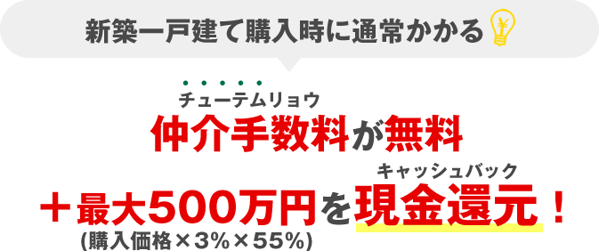 新築一戸建て購入時に通常かかる仲介手数料が無料＋最大520万円を現金還元！